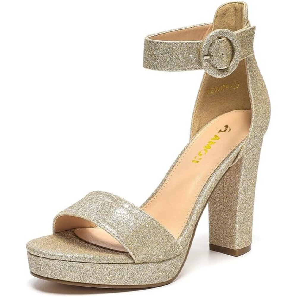 Amoji Women Glitter-gold Faux Suede Open Toe High Heel Chunky Platform Sandals